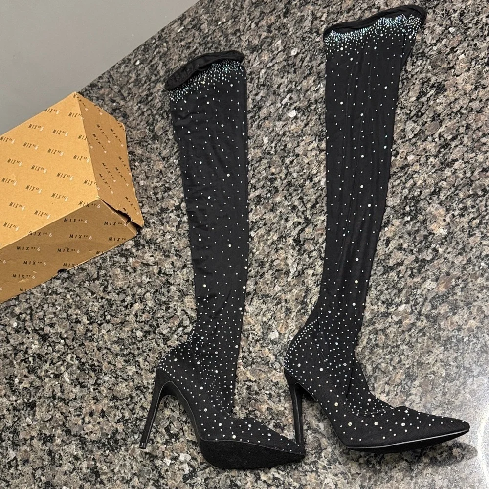 Mix No. 6 Black Over the Knee high heel boots embellished Rhinestones NWT 7.5